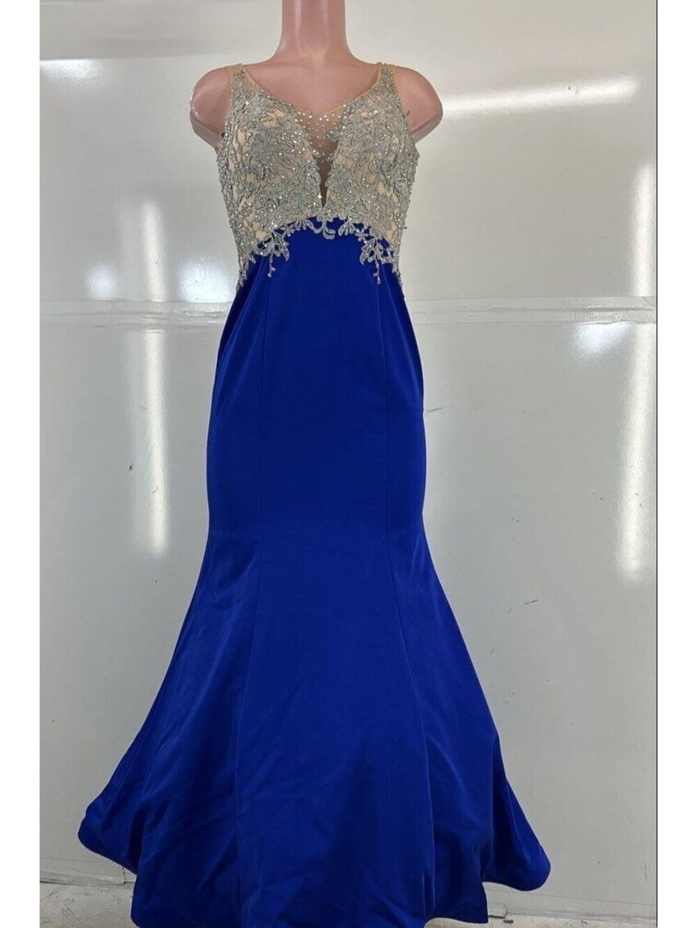 Abby Paris Royal Blue and Nude Beaded Evening Gown Size 6